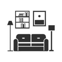 Simple Gray Living Room Interior Design Icon with Sofa Bookshelf Lamps and Picture Frame on White Background vector