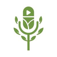 Olive Green Microphone Shaped Plant Growing with Play Button Icon on a White Background vector