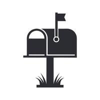 Simple Black Silhouette Mailbox Icon with Raised Flag on White Background Grass at Base vector