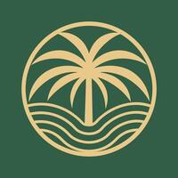 Abstract Beige Palm Tree and Ocean Waves Design on Dark Green Background Circular Logo Icon Graphic vector