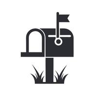 Simple Black Silhouette Mailbox Icon with Flag and Grass on White Background postbox vector