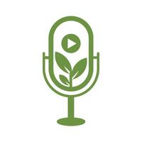Green Eco Podcast Microphone Icon with Play Button and Leaves on White Background vector