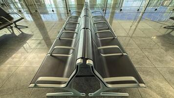 Futuristic airport bench aligns with symmetry, embodying transient liminality for solo traveler celebrates Global Travel Day and Terminal Silence photo