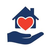 Blue hand holding house with red heart inside on white background vector