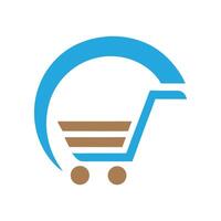 Blue and brown shopping cart icon with curved handle and wheels trolley commerce vector