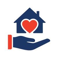 Blue house with red heart held in open hand icon home care vector