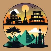 Islamic architecture illustration with mosque palm trees evening sky and decorative travel scene vector