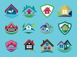 Smart home security icon pack with tech house badge in colorful flat modern style graphics vector