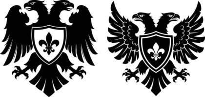 Heraldic DoubleHeaded Eagle Designs with Shield and FleurdeLis, Graphics Set vector