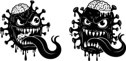Cartoonish Virus Characters with Brains, Sharp Teeth, and Menacing Expressions Art vector