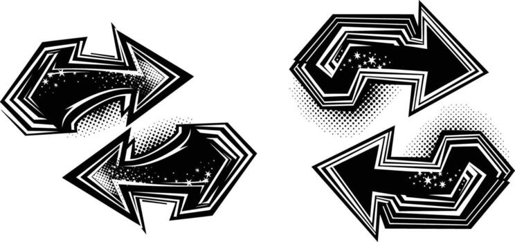 Abstract Arrows Pointing Left and Right with Halftone Dots and Stars Inside vector