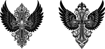 Detailed Christian Cross with Wings Ornate Design Elements for Print and Digital Projects vector