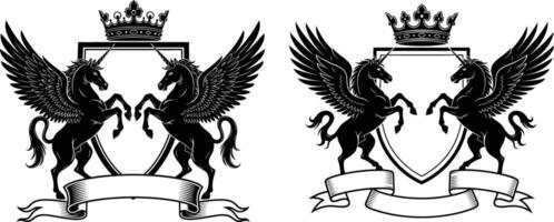 Heraldic Emblem Featuring Winged Unicorns, Shields, Crowns, and Ribbons for Fantasy and History Projects vector