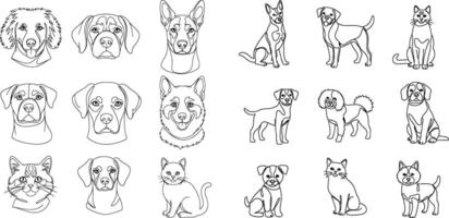Elegant Continuous Line Drawing of Various Dogs and Cats Breeds Pets Illustration vector