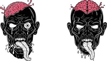 Cartoon Zombies with Exposed Brains and Extended Tongues Illustration vector