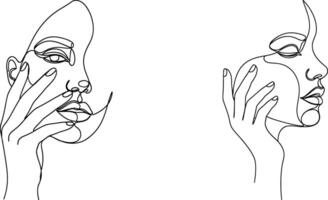 Elegant Linear Art Two Abstract Woman Faces with Hands in Minimalist Style vector