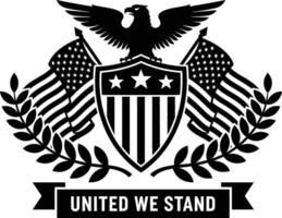 American Eagle Crest with Flags, Shield, and Olive Branches United We Stand vector