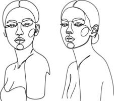 Continuous Line Art Portrait Two Minimalist Woman Figures in Black and White vector