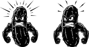 Furious Pickle Cartoon Character Designs with Muscular Arms and Anger Expression Vectors