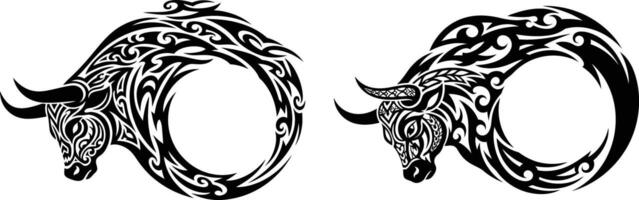 Two Ornamental Bull Head Graphics Forming a Circular Shape Design vector