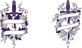 Dagger Through Heart Emblems with Banner, Floral Elements for Tattoo Design vector