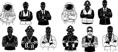 Collection Diverse Group of Professionals with Folded Arms, Astronaut, Builder, and Doctor vector