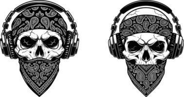 Skull with Bandana and Headphones Illustrations Gangster, Music Lover Style Graphics vector