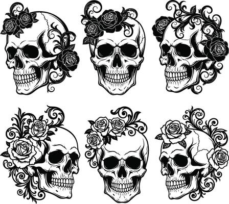 Skulls Adorned with Floral Designs, Art for Halloween, Tattoo Inspiration, and Gothic Themes
