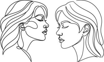 Continuous Line Drawing Two Woman Faces in Profile, Abstract Beauty and Femininity vector