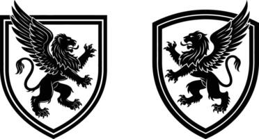 Heraldic Winged Lion on Shield Emblems, Medieval Animal Symbols of Power and Heritage vector