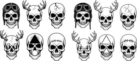 Skulls with Antlers, Goggles and Symbols, Outline Illustration on Plain Backdrop vector