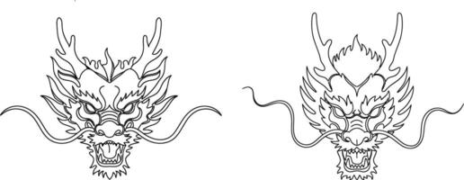 Intricate Line Art of Two Dragon Heads with Detailed Horns and Whiskers vector