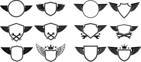 Emblem Set Featuring Wings, Shields, Wrenches, and Crown, Suitable for Logo Design vector