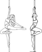 Line Art of Two Women Performing Pole Dance Exercise Routine Illustration vector