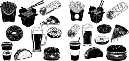 Assorted Fast Food Graphics Burger, Pizza Slice, Noodles, and More Delicious Options vector
