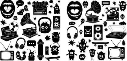 Retro Media Gadgets and Silhouetted Monsters Seamless Pattern, Creative Design Illustration, Funny Elements vector