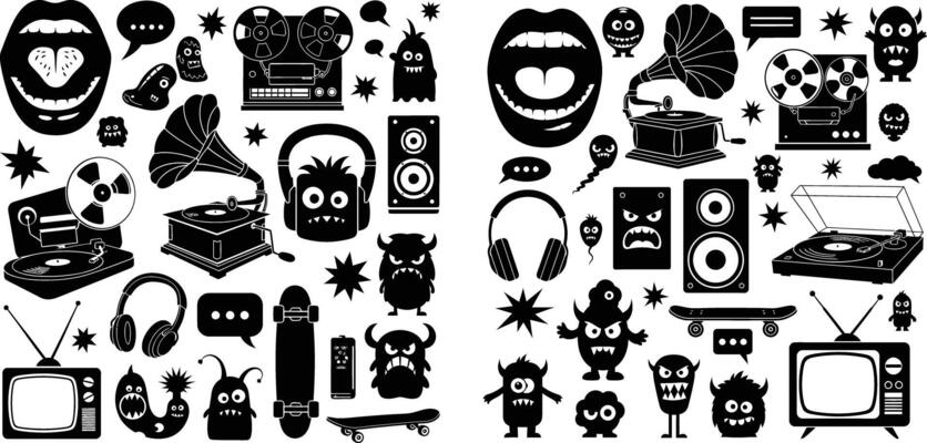 Retro Media Gadgets and Silhouetted Monsters Seamless Pattern, Creative Design Illustration, Funny Elements