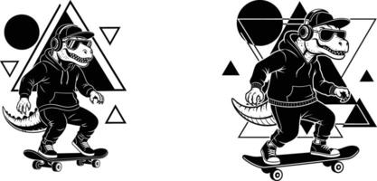 Illustration Featuring Skateboarder Dinosaurs with Headphones and Geometric Shapes, Stylish Design vector