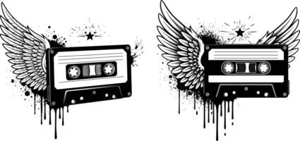 Cassette Tape with Wings, Grunge Splatters, and Retro Music Design Element vector