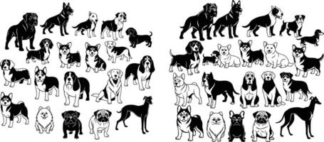 Set Featuring Various Dog Breeds Bulldog, Husky, Pug, Greyhound, Corgi, Beagle vector