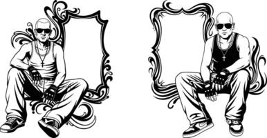 of Two Men Sitting in Ornamental Frames in Line Art vector