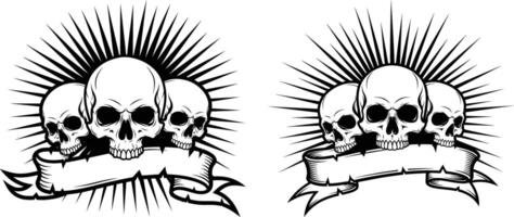 Three Skulls on a Ribbon Banner with Radial Lines, Black and Deathly Art vector