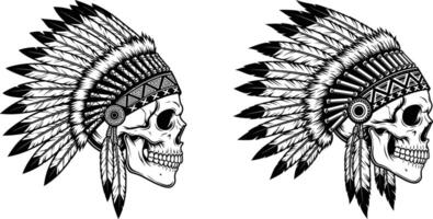 Skulls Wearing Native American Headdresses, Feathered Warbonnets, Graphics, Tattoo Design Elements vector