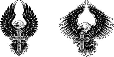 Two Eagle Illustrations With Spread Wings Gripping Detailed Crosses Elements vector