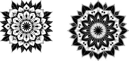 Two intricate floral mandala designs featuring leaf motifs, symmetrical patterns, and decorative elements vector