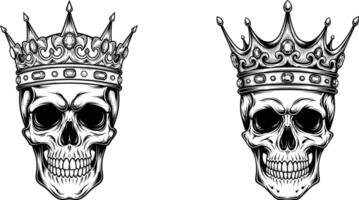 Two Skulls Topped with Elaborate Crowns Illustrations for Tattoo or Design vector