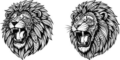 Two Intricate Lion Head Illustrations with Open Mouths and Detailed Mane Designs vector