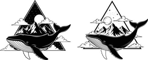 Whale with Mountain and Night Sky in Triangle Frames Artistic Design vector