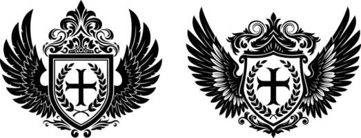 Two Coats of Arms with Wings and Cross Motif Emblems Designs vector