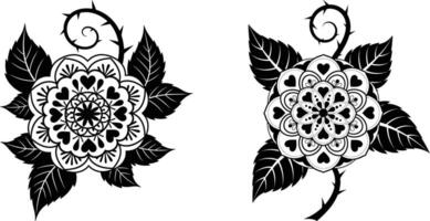 Heart mandala flower with thorn vine and leaves silhouette for laser cut or print projects vector